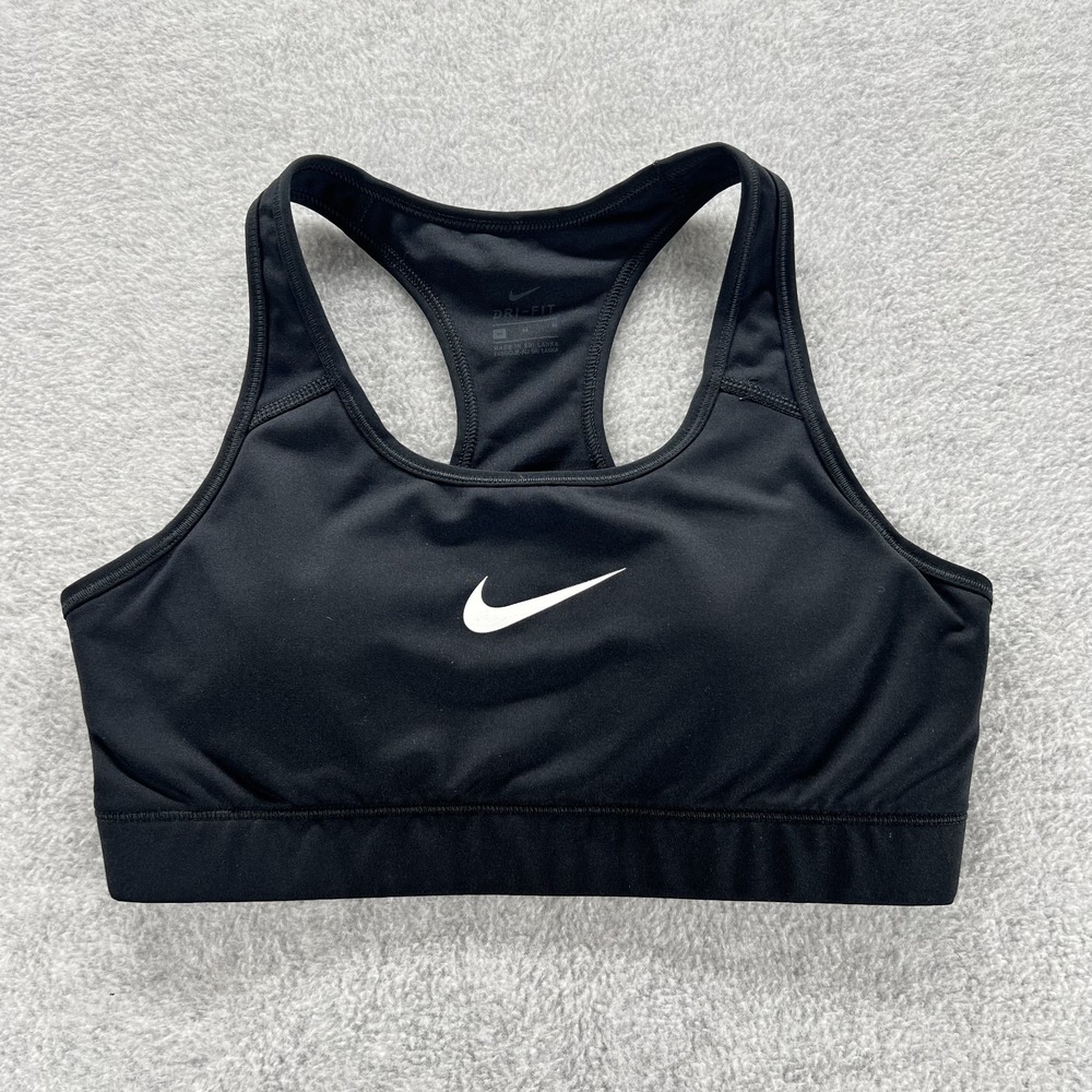 Nike Dri Fit Sports Bra Women Medium Black Swoosh Logo Racerback Performance Gym